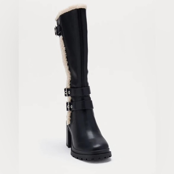 Soda Black Heeled Boots with Cream Trim - Picture 3 of 10